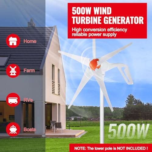 Happybuy 500W Wind Turbine Generator, 12V Wind Power Kit, 5-Blade Wind Generator with MPPT Controller, Adjustable Windward Direction & 2.5m/s Start Wind Speed, Ideal for Home, Farm, RVs, Boats