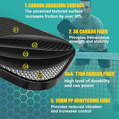Pickleball Paddle,Pickleball Paddles-3K Raw Carbon Fiber Textured Surface with Great Grit & Spin,T700 Carbon Fiber Racket with Excellent Power,Control & Balance,USAPA Approved (Carbon-Black 16mm)
