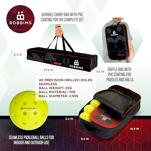 ROBBIMS Portable Pickleball Set with Net | 4 USAPA Approved Carbon Fiber Paddles, Duffle Bag, Regulation Size Pickleball Net System, Assembly Manual, 8 Outdoor Balls, Court Marker Kit and Carry Bag