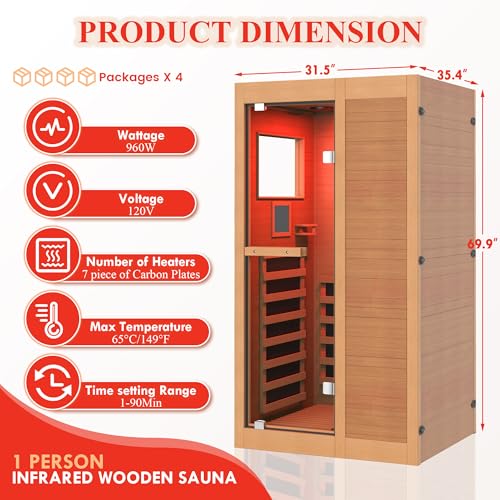 ROCSUMOO Infrared Sauna for 1 Person, Wooden Dry Sauna Room with backrest, 960W/120V Low EMF Indoor Saunas with Control Panel, 7-Color Therapy&Timer, Bluetooth Speakers for Home