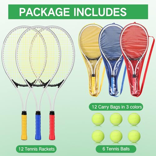 Motionchic 12 Pcs Tennis Rackets for Adult Recreational 12 Players 27'' Tennis Racket Set with 6 Balls Lightweight Tennis Rackets Bulk for Women Men Tennis Training and Beginner with Overgrip and Bag