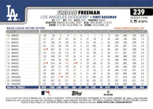 2025 Topps #239 Freddie Freeman Los Angeles Dodgers MLB Series 1 Baseball Base Trading Card