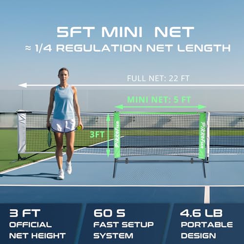 PIKKOFUN Mini Pickleball Net (5 FT Wide), Small Portable Dink Practice Net for Indoor & Outdoor, 60-Second Tool-Free Setup, Carry Bag Included, Pickleball Gifts for Women & Men, Green Net