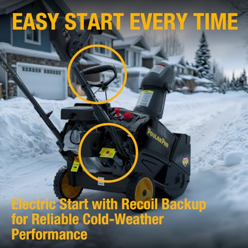 Poulan Pro Snow Blower Gas Powered, Single Stage 18 Inch Gas Snow Thrower with Electric Start, 190° Remote Chute Control, Steel-Reinforced Rubber Auger, Compact, Lightweight Design