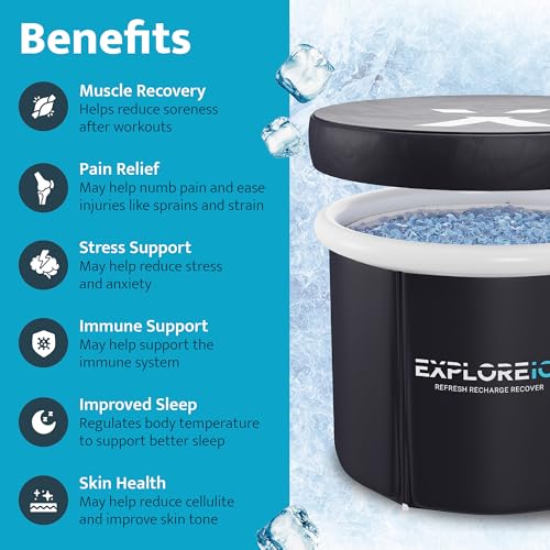Explore Ice Bath Pro Max Extra Large Outdoor Inflatable Portable Athlete Cold Water Therapy Plunge Barrel Bath Tub with Lid and Carry Bag, Black/White