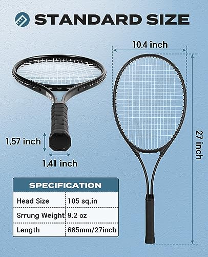 HIRALIY 27" Tennis Rackets Set for Adults,2 Player Pre-Strung Tennis Racquets,2 Overgrip Tapes,3 Balls, and 1 Carrying Bag,Outdoor Recreational Sport for Beginner,Men,Women(Black)