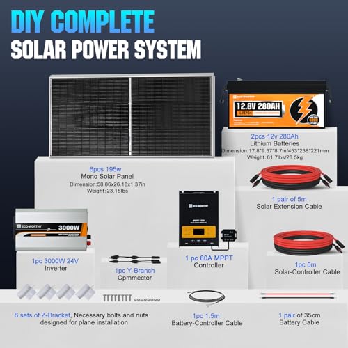 [Ultra] ECO-WORTHY 1200W 24V 5.52KWH Lithium Battery Solar System Off Grid:6pcs 195W Solar Panels+2Pcs 12.8V 280Ah Lithium Battery+60A MPPT Charge Controller+3000W Pure Sine Wave Inverter