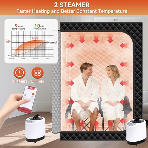 Home Sauna Portable, Upgraded Extra Large 2 Person Sauna Box with 2x3L 1300w Steamer, 2 Big Folding Chair, 9 Levels Heat, Timer,Remote Control - Steam Sauna Room Tent for Home Spa 71”x 49”x 35”, Black