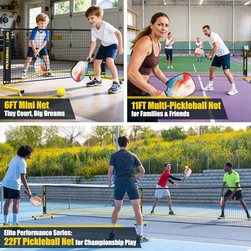 Pickleball Set Net with 4 Paddles, 6FT/11FT/22FT Portable 3-in-1 Pickle Ball Net with Carry Bag, Pickleballs, Designed for All Weather Conditions (3-in-1 Pickleball net with Rackets)