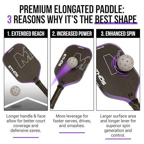 M1 Ethos Pickleball Paddles: USAP and PBCor.43 Approved, 16 MM, Elongated, Thermoformed, T700 Raw Carbon Fiber, Strong Power, Control, and Spin, Superior Paddle Ideal for Beginners to Advanced Players