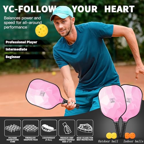 YC DGYCASI Pickleball Paddles Set of 2, 2026 USAPA Approved Fiberglass Pickleball Set, Lightweight Pickle Ball Rackets 2 Pack, 2 Outdoor Pickleball Balls, 2 Indoor Balls, 1 Bag, Pink