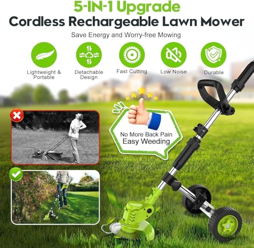 6 Inch Electric Weed Wacker with Wheels, Lightweight Electric Weed Eater, 650W High Power 8500 RPM,4000mAh Battery Powered Weed Eater, Multifunctional Grass Trimmer Lawn Tool,Green