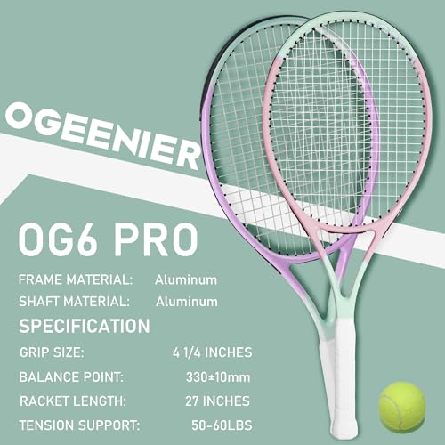 OGEENIER 27" Tennis Racket Set for Adults, Pre-Strung Tennis Racquets for Beginners, 2-Player Recreational Tennis Set with 3 Balls, 2 Vibration Dampers, 2 Grips, 1 Carrying Bag