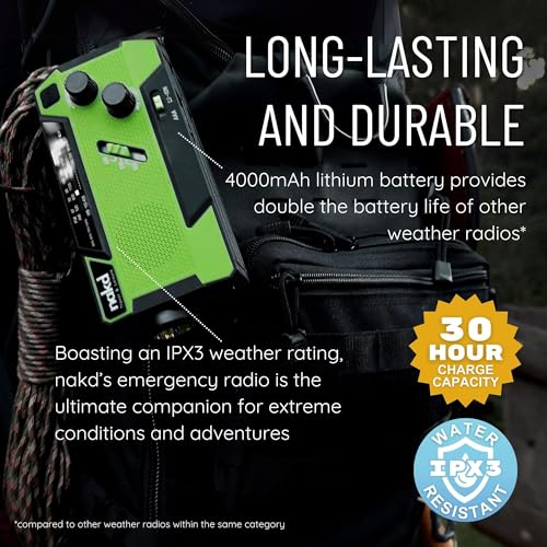 Hand Crank Weather Emergency Radio: Dynamo, Solar, USB and Battery Powered - Upgraded 14800mWh Battery, Flashlight, NOAA Storm Alert, SOS Alarm, 3 External Charger Cables - Cell Phone Emergency Power