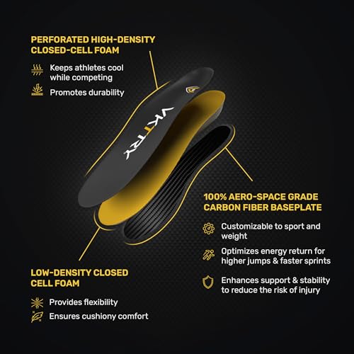 VKTRY Gold for Non-Cleated Shoes - Carbon Fiber Performance Insoles - Customized Athletic Inserts for Sports Basketball Volleyball Running & More | Shock Absorption US M10.5-11, W12.5-13, 171-220lbs