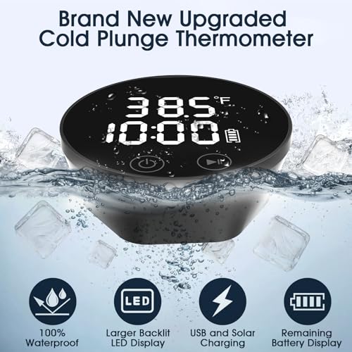 Ice Bath Water Thermometer and Timer,LED Large Backlit Cold Plunge Thermometer,IPX68 Waterproof Floating,USB & Solar Charging,for Hot Tub & Ice Bath Tubs,Included USB Cable Included