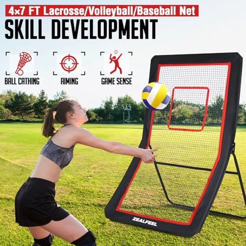 ZEALFEEL Lacrosse Rebounder, 4x7FT Volleyball Rebounder for Backyard with 5 Rebound Angles, Target Strip, Lacrosse Rebound Net Perfect for Lax Baseball Volleyball & Soccer Practice