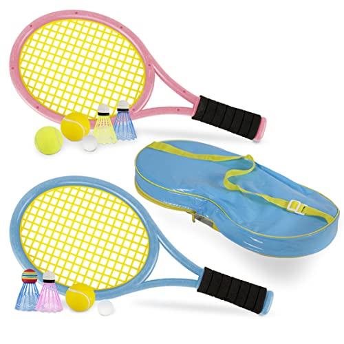 Kids Tennis Rackets with Carrying Bag,Soft Training Balls and Badminton Birdies,12 in 1 Tennis Racquets Gift Set for Children Outdoor Indoor Sports (Blue+Pink,Plastic,17inch)