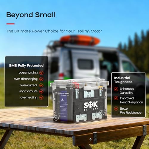 SOK Battery 12V 100Ah LiFePO4 Lithium Battery Marine Battery IP65 Waterproof Transparent Case, Built-in Smart BMS with Bluetooth, 4000-8000 Cycles for RV, Marine, Trolling Motor, Off-Grid (2Pack)