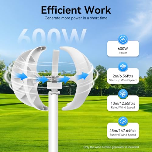 5-Blade Wind Turbine Generator, 600W 24V Wind Turbine Generator Kit with Controller & Flange Plate Vertical Axis Wind Turbine for Home Boat Marine Monitoring Street Lighting
