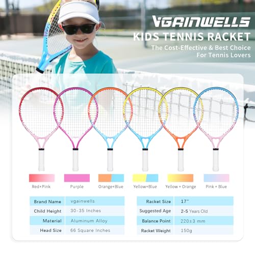 vgainwells 17"-23" Kids Tennis Racket for Aged 2-9, Lightweight and Durable,Including 1 Replacement Grip Tapes and 1 Toddler Tennis Racket（Yellow+Blue）
