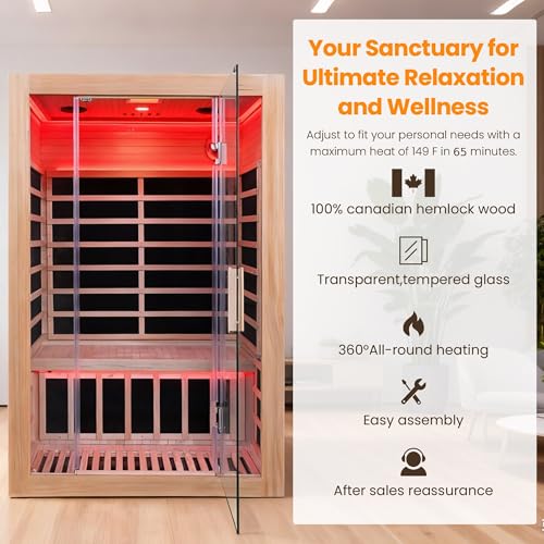 2 Person Infrared Sauna, Hemlock Wood Low EMF Infrared Saunas for Home, 1760w/120v Indoor Personal Sauna Room with Bluetooth, 7 Color Therapy Light, 7 Heating Panels