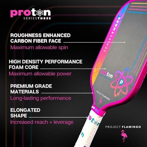 Proton Series Three Project Flamingo Pickleball Paddle - 15mm Velocity Core & Carbon Fiber Face (Blue, Widebody)