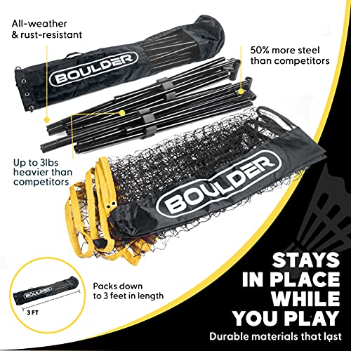 BOULDER Portable Badminton Pickleball Net - Foldable / Extendable Poles for Multiple Sports Heights (UP to 5 ft) - Ideal for Tennis, Pickleball, Soccer Tennis - Easy Setup (Black, 10 FT)