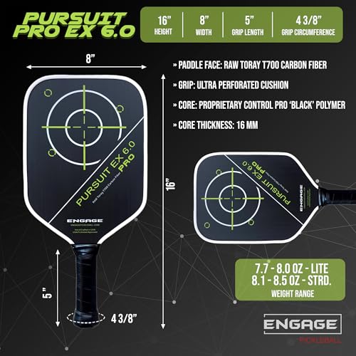Engage Pursuit Pro EX 6.0 Pickleball Paddle – Widebody Shape, Raw T700 Toray Carbon Fiber Face, 16mm Control Pro Black Core (Alpine Lime, Standard (8.1-8.5oz))