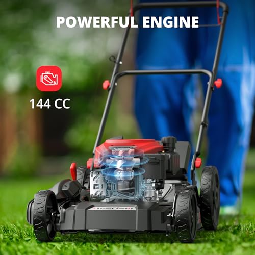 AMERISUN 21" Gas Lawn Mower, 144cc Engine, 2-in-1 Mulching & Side Discharge, 6-Position Height Adjustment, Foldable Handles for Lawn, Yard, and Garden Maintenance