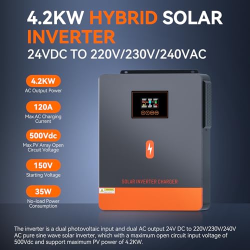 PowMr 4200W Solar Inverter 24VDC to 220V/230VAC, Pure Sine Wave All in One Hybrid Inverter with Built-in 120A MPPT Controller, for Home RV Off-Grid System, for 24V Lead Acid and Lithium Battery