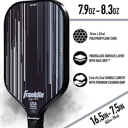 Franklin Sports Pro Pickleball Paddles - Signature Series Pro Paddle with MaxGrit Surface - USA Pickleball (USAPA) Tournament Approved - 16mm Polypropylene Core - Black