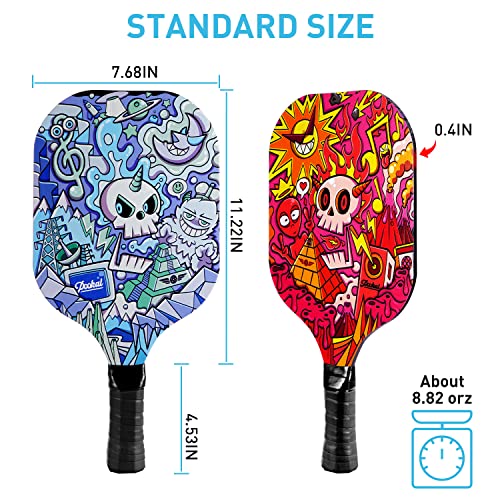 Pickleball Paddles Set of 4 with 4 Premium Wood Paddles & 4 Pickleballs & 2 Handle Grips Tape & 2 Pickleball Belts & Carry Bag for Beginners Men Women Adults(Skull Pattern)
