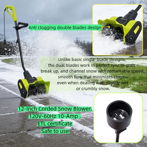 12 Inch Corded Snow Blower, 10 Amp Electric Snow Shovel,120V-60Hz Snow Thrower for Decks, Steps, Driveways & Walkways,ETL Certificate (12''Green)