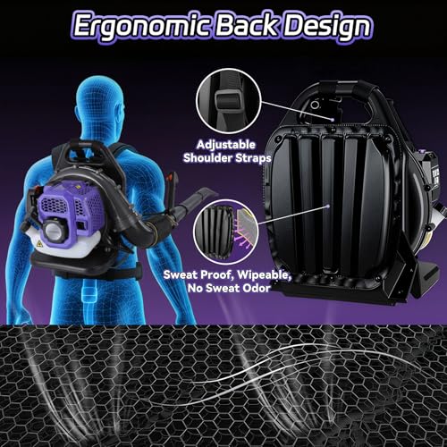 52CC Backpack Gas Leaf Blower, 720 CFM, 230 MPH 2-Stroke Blower with Adjustable Speed, Low Noise, and Ergonomic Design for Lawn, Yard, Garden & Commercial Use-Purple