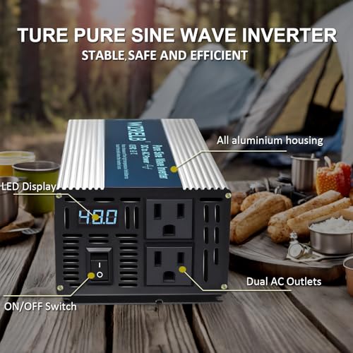 WZRELB 600W Pure Sine Wave Inverter 36V DC to 110V 120V AC Power Converter with LED Display, Off-Grid Portable Power Inverter with 2 AC Outlets for Home, RV, Truck, Camping