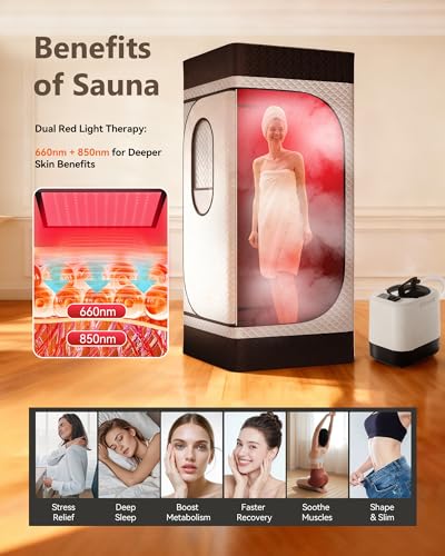noerishia Portable Infrared Sauna Box for Home with 3L 1200W Steamer, Big Folding Chair, 99 Mins Timer, 9 Levels, Steam Sauna Tent with 660nm + 850nm Red Light Therapy, for Home Spa Detoxification