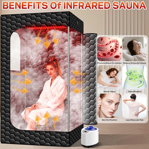 bsdonte Infrared Sauna Box, 160 LEDs Red Light Sauna Steam Room, Portable Steam Sauna Tent with Red Light Therapy, 3L/1200W Steamer, 15 Heating Levels, Chair, Indoor Saunabox for Home Steam Spa