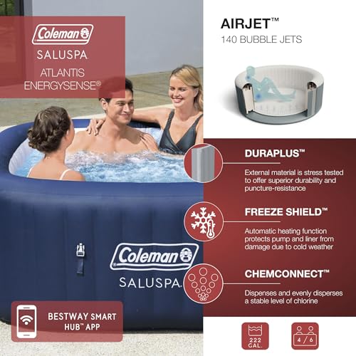 Coleman SaluSpa Atlantis AirJet Inflatable Hot Tub, 4 to 6 Person Square Portable Outdoor Spa with 140 Air Jets, App Control and EnergySense Insulated Cover, 71" x 28"