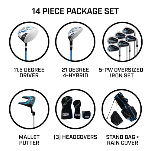Izzo Golf EZ2 14 Piece Mens Right Hand Golf Club Set with Golf Bag - 14 piece Complete Golf Club Set for Right Handed Golfers, Comes with Golf Bag