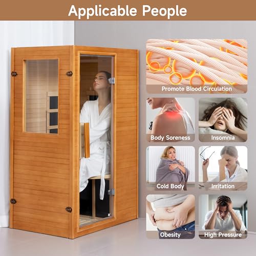 Real Relax Infrared Sauna 1 Person, Indoor Infrared Saunas for Home, Canadian Hemlock Wooden Dry Sauna, 950W 120V with Foot Warmer and 6 Heaters Panels, Compact Spa Room, 27.3"x33"x59"