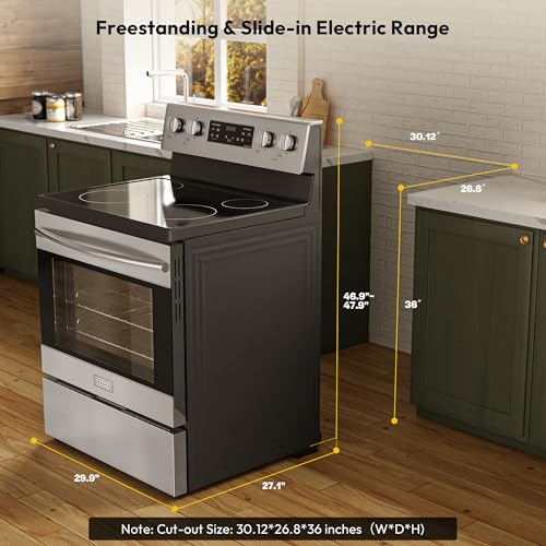 Empava Electric Range, Radiant Ceramic Cooktop with 4.8 Cu. Ft. Oven, 4 Cooking Elements, Steam Cleaning, Freestanding & Slide-in Stove in Stainless Steel,30 Inch, 240V(Power Cord Not Included)