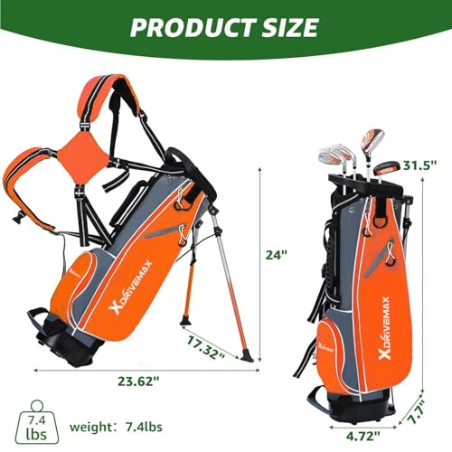 XDriveMax 5 Pieces Kids Golf Club Set, Junior Golf Club Set Ages 5-8 Includes Stand Bag, 5# Hybrid, 6/7#, 9/P# Irons and Putter Right Hand for Boys Girls,Pink