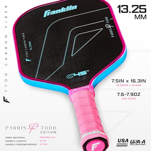 Franklin Sports Pro Pickleball Paddles - Parris Todd C45 Carbon Fiber Series - Official USAP + UPA Approved Pickleball Paddle - Elongated Pro Player Design - 13.25mm Polymer Core - Hot Pink/Surf Blue