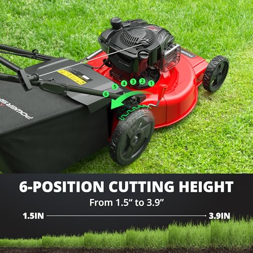 PowerSmart 22-Inch Gas Lawn Mower Self-Propelled, 150cc B&S Engine, 3-in-1 Mulching System, 6 Cutting Heights, Rear-Wheel Drive, Durable Steel Deck