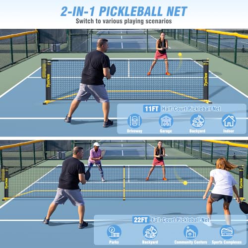 TYRSEN Portable Pickleball Net for Driveway, 22 FT Regulation Size & 11 FT Half Court Size Pickleball Net with Ball Collector, 2-in-1 Pickle Ball Net with Carry Bag for Outdoor Indoor Garages