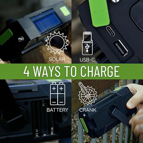 Hand Crank Weather Emergency Radio: Dynamo, Solar, USB and Battery Powered - Upgraded 14800mWh Battery, Flashlight, NOAA Storm Alert, SOS Alarm, 3 External Charger Cables - Cell Phone Emergency Power