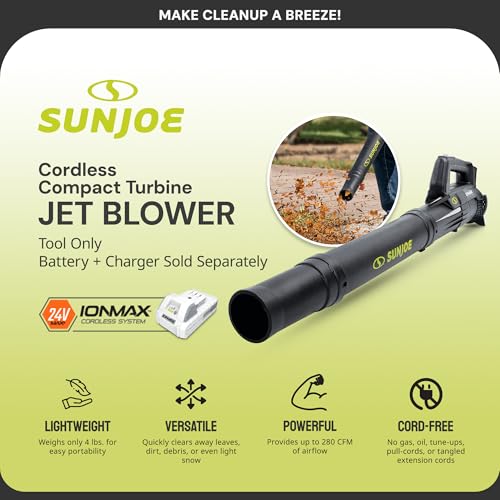 Sun Joe 24-Volt Cordless Compact Turbine Leaf Blower, 100 MPH Air Speed, 280 CFM Airflow