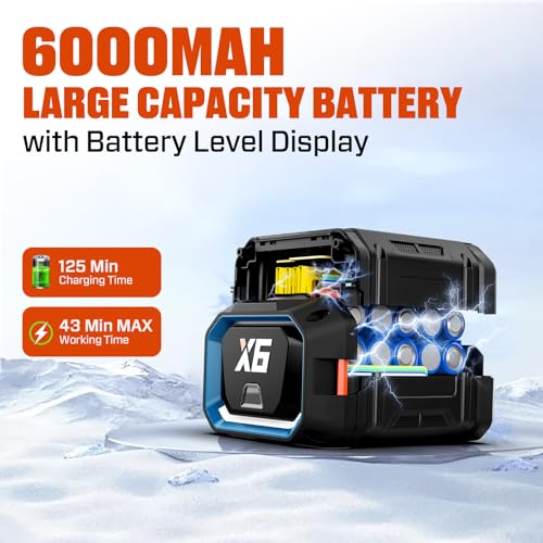 SENIX 60V 15" Cordless Snow Blower, Snow Shovel with Wheel for Decks, Steps, Driveways & Walkways |Brushless Motor, 6000mAh Battery, 6" Depth, 33FT Throw, 600lbs/m, LED Lights, 2 Speed, 75° Direction