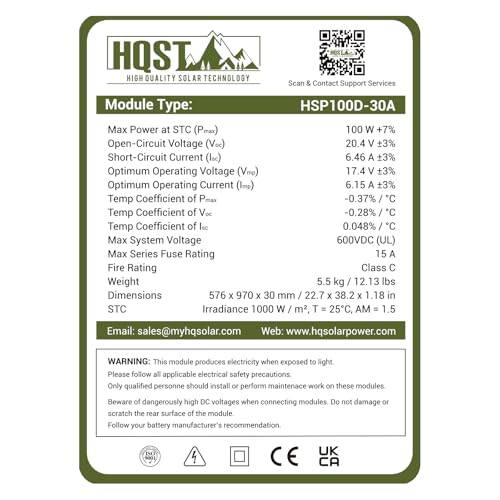 HQST 100W 12V Monocrystalline Solar Panel with Solar Connectors, High Efficiency Module PV Power for Battery Charging Boat, Caravan, RV and Any Other Off Grid Applications